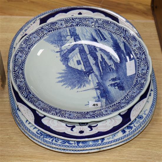 Two 19th century Staffordshire blue and white dishes and two other dishes longest 53cm